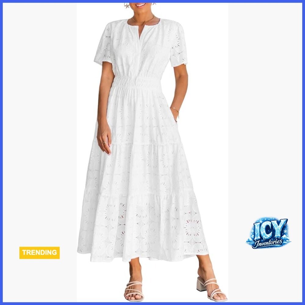 Eyelet Lace Embroidered Maxi Dress, 50% Cotton 50% Nylon, V Neck Short Sleeve